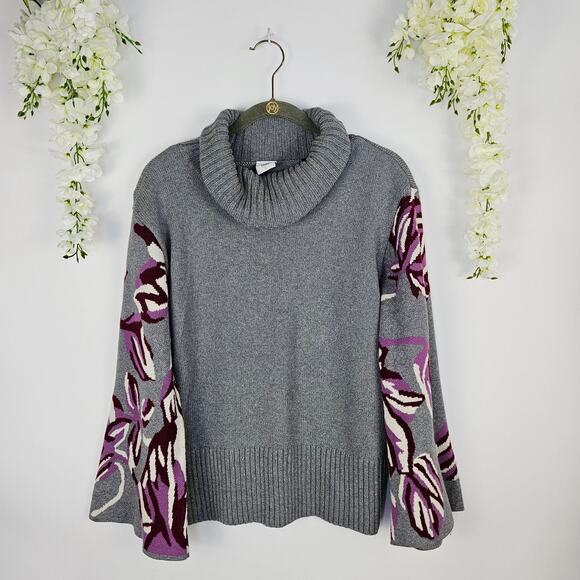 CAbi Eden Pullover Turtleneck Knit Sweater Gray Floral Flare Sleeve Large Casual - Picture 4 of 14